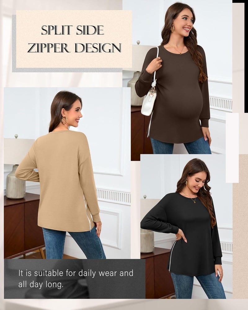 Sweetyweee Store 3 Pack Women's Maternity Shirts Long Sleeve T-Shirts Cotton Zipper Split Side Tops Casual Loose Pregnancy Clothes(Black, Brown, Khaki,Large) - Image 4